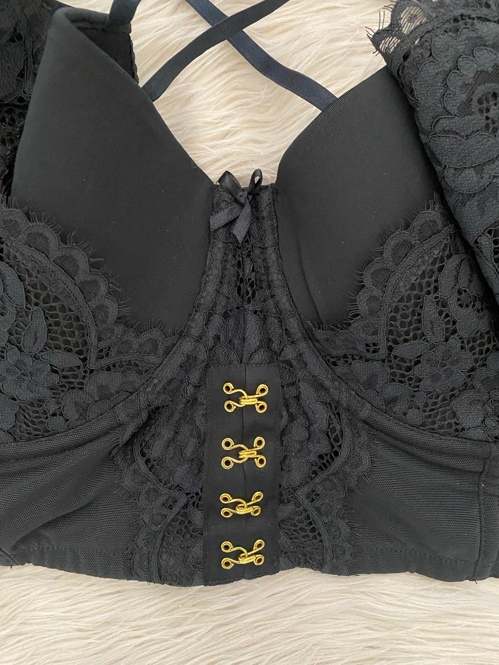 Cacique Lane Bryant Black Lace Lightly Lined French Balconette Bra Lingerie 50DD